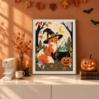 Finished Fox Witch punch needle canvas on a wall