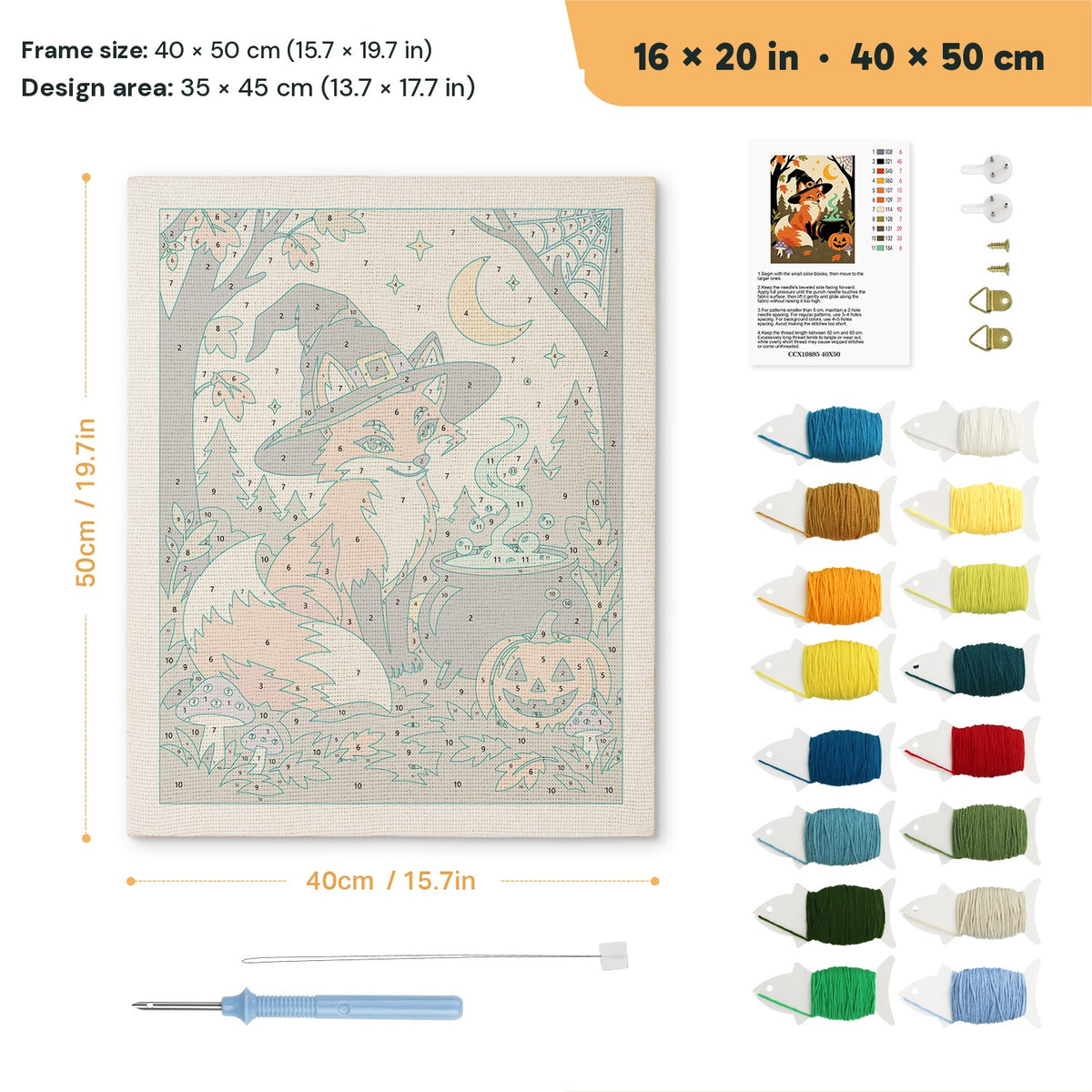 Fox Witch punch needle kit, 16 × 20 in (40 × 50 cm): canvas size and kit contents