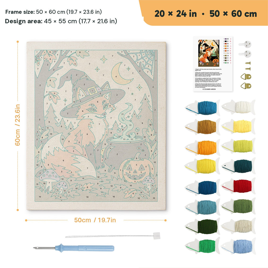 Fox Witch punch needle kit, 20 × 24 in (50 × 60 cm): canvas size and kit contents