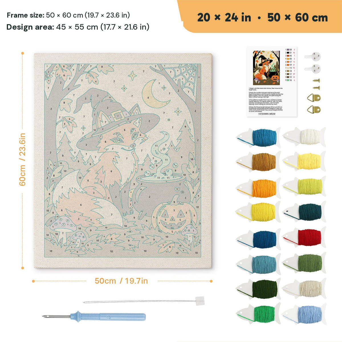 Fox Witch punch needle kit, 20 × 24 in (50 × 60 cm): canvas size and kit contents