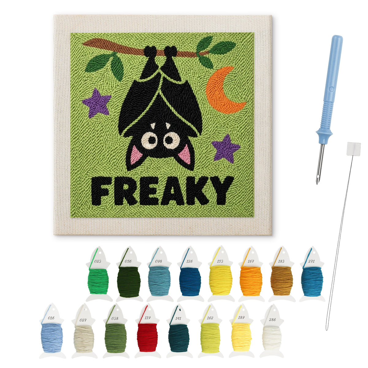 Freaky Bat punch needle kit: finished canvas with threads, punch needle and threader