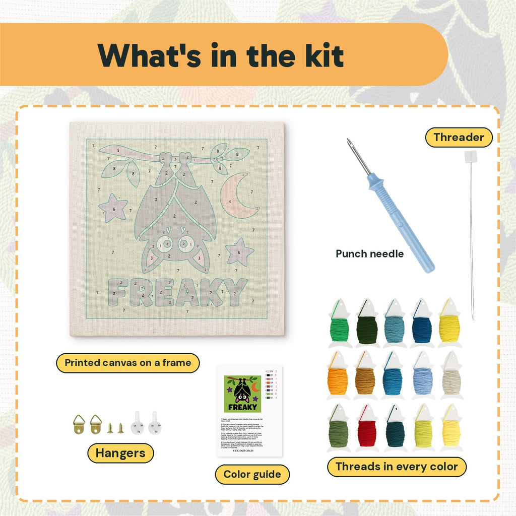 What is in the Freaky Bat kit: printed canvas, punch needle, threader, threads, color guide and hangers