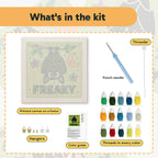 What is in the Freaky Bat kit: printed canvas, punch needle, threader, threads, color guide and hangers