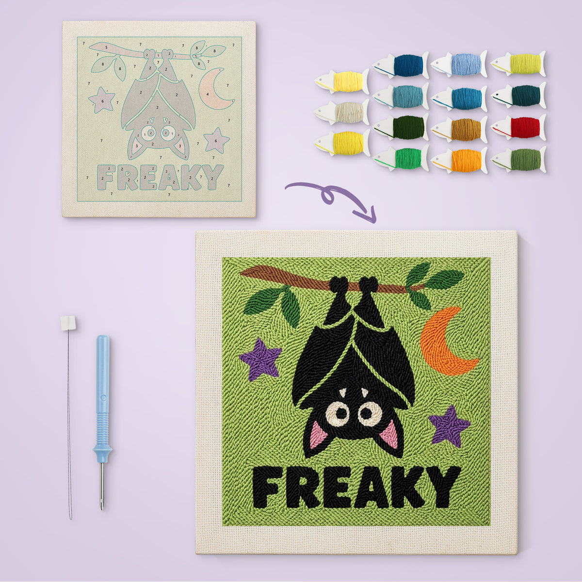 Freaky Bat canvas before and after punching, with the threads and tools