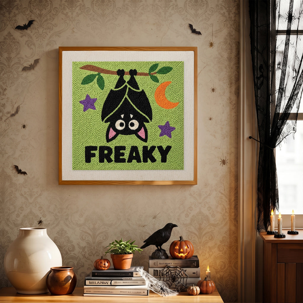 Finished Freaky Bat punch needle canvas on a wall
