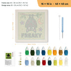 Freaky Bat punch needle kit, 16 × 16 in (40 × 40 cm): canvas size and kit contents