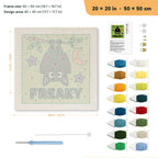 Freaky Bat punch needle kit, 20 × 20 in (50 × 50 cm): canvas size and kit contents