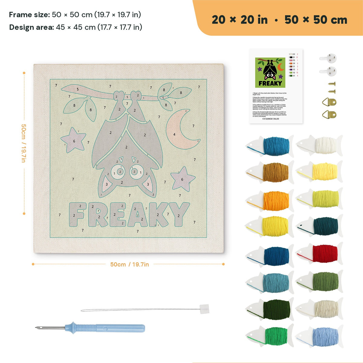 Freaky Bat punch needle kit, 20 × 20 in (50 × 50 cm): canvas size and kit contents