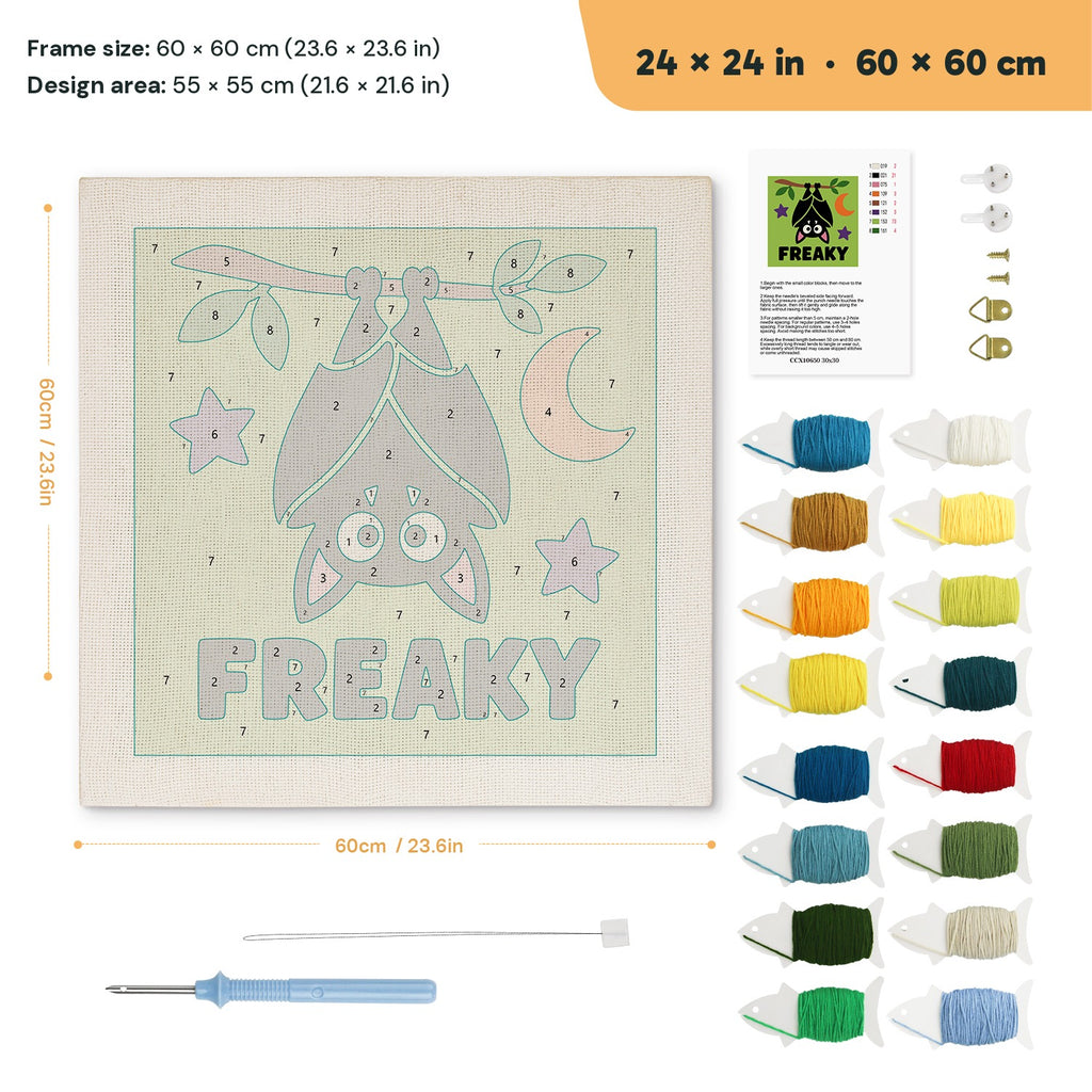 Freaky Bat punch needle kit, 24 × 24 in (60 × 60 cm): canvas size and kit contents