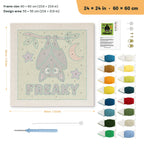 Freaky Bat punch needle kit, 24 × 24 in (60 × 60 cm): canvas size and kit contents
