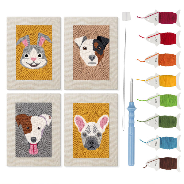 Frenchie and Bunny mini punch needle kit set: four finished canvases with threads, punch needle and threader