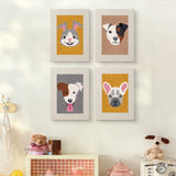 The four Frenchie and Bunny mini canvases on a wall above a shelf