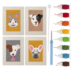 Frenchie and Bunny mini punch needle kit set: four finished canvases with threads, punch needle and threader