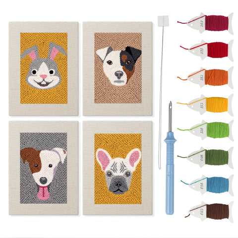 Frenchie and Bunny mini punch needle kit set: four finished canvases with threads, punch needle and threader