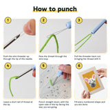 Six steps showing how to thread and use the punch needle