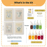 What is in the Frenchie and Bunny set, 8 × 12 in (20 × 30 cm) each: 4 printed canvases, punch needle, threader, threads, color guide and 4 sets of hangers