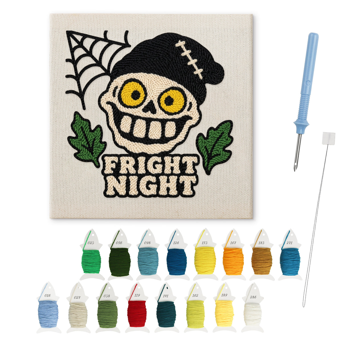 Fright Night Skull punch needle kit: finished canvas with threads, punch needle and threader