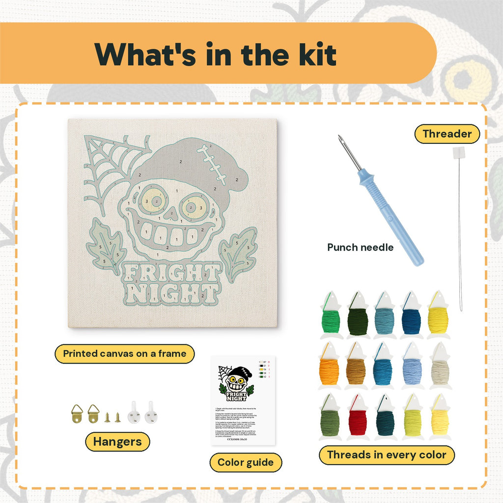What is in the Fright Night Skull kit: printed canvas, punch needle, threader, threads, color guide and hangers