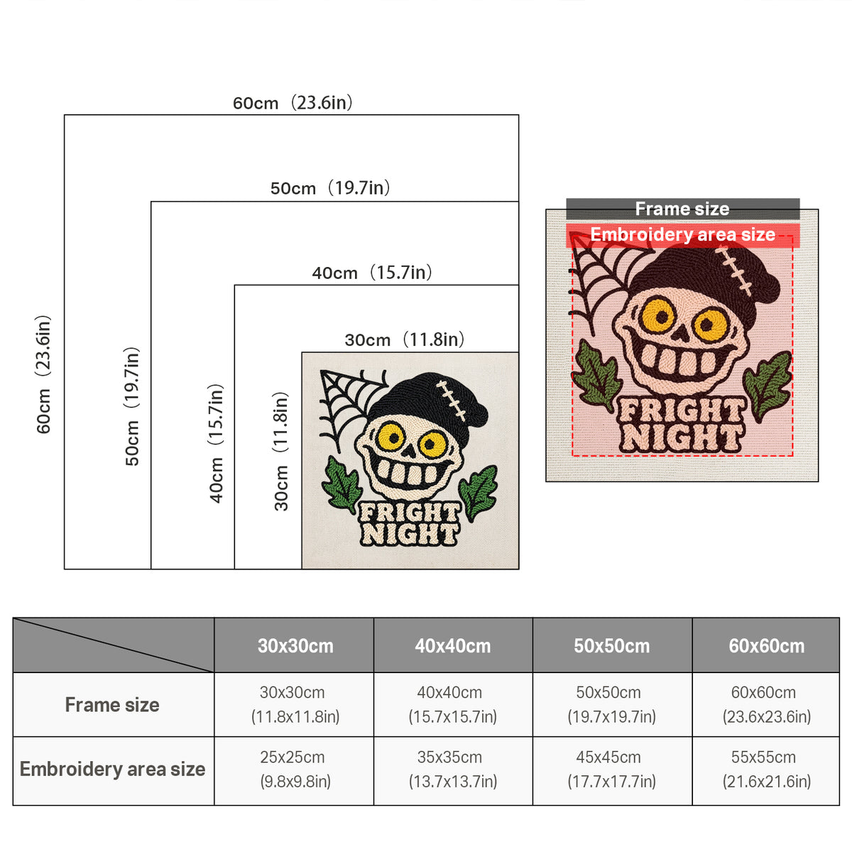 Size chart for square punch needle kits from 30 x 30 cm to 60 x 60 cm