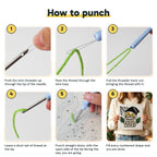 Six steps showing how to thread and use the punch needle