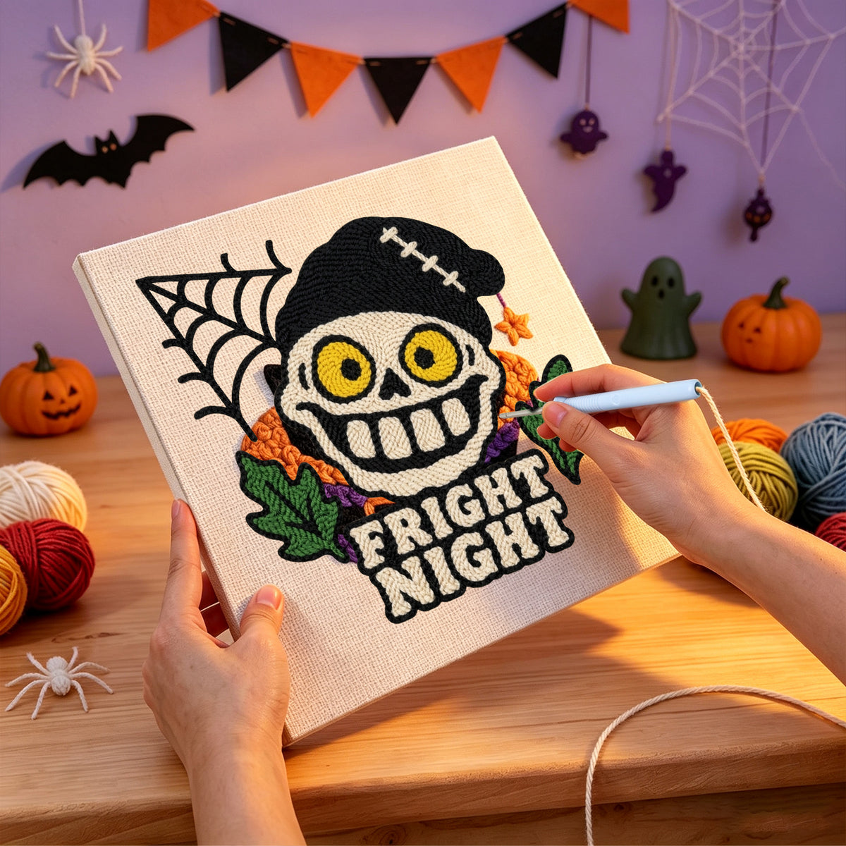 Punching the Fright Night Skull design with the punch needle