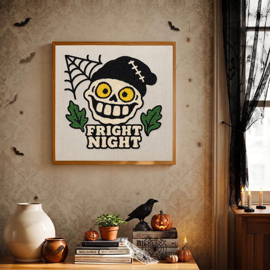 Finished Fright Night Skull punch needle canvas on a wall