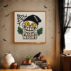 Finished Fright Night Skull punch needle canvas on a wall