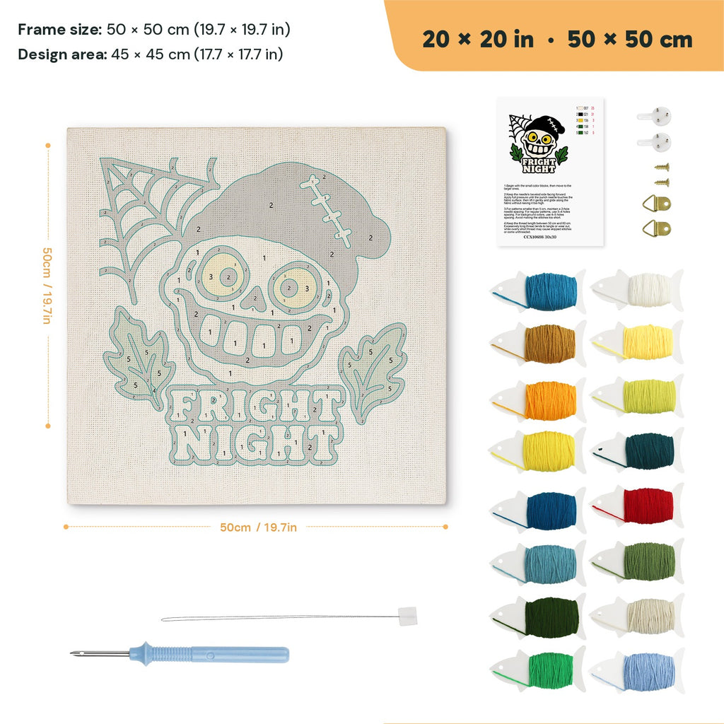 Fright Night Skull punch needle kit, 20 × 20 in (50 × 50 cm): canvas size and kit contents