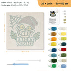 Fright Night Skull punch needle kit, 20 × 20 in (50 × 50 cm): canvas size and kit contents