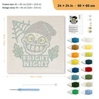 Fright Night Skull punch needle kit, 24 × 24 in (60 × 60 cm): canvas size and kit contents