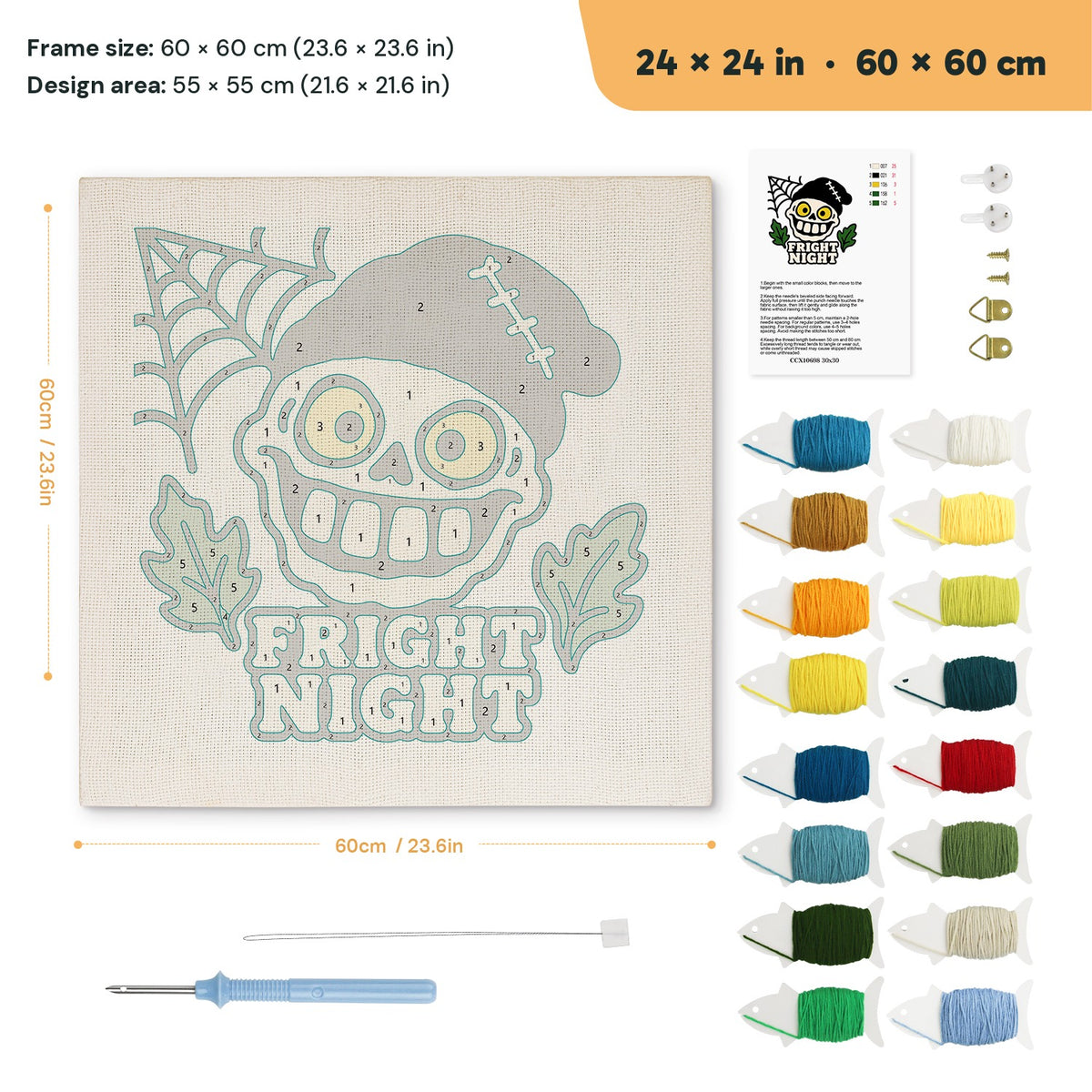 Fright Night Skull punch needle kit, 24 × 24 in (60 × 60 cm): canvas size and kit contents