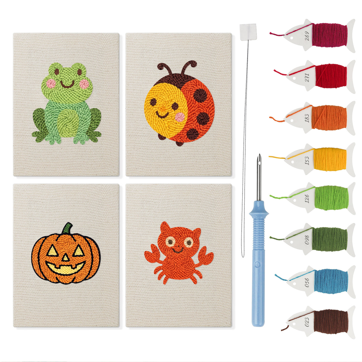 Frog and Ladybug mini punch needle kit set: four finished canvases with threads, punch needle and threader