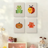 The four Frog and Ladybug mini canvases on a wall above a shelf