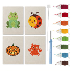Frog and Ladybug mini punch needle kit set: four finished canvases with threads, punch needle and threader