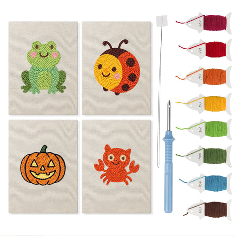 Frog and Ladybug mini punch needle kit set: four finished canvases with threads, punch needle and threader