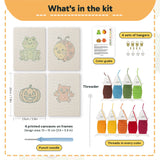 What is in the Frog and Ladybug set: 4 printed canvases, punch needle, threader, threads, color guide and 4 sets of hangers (6 × 8 in (15 × 20 cm) each)