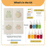 What is in the Frog and Ladybug set, 8 × 12 in (20 × 30 cm) each: 4 printed canvases, punch needle, threader, threads, color guide and 4 sets of hangers