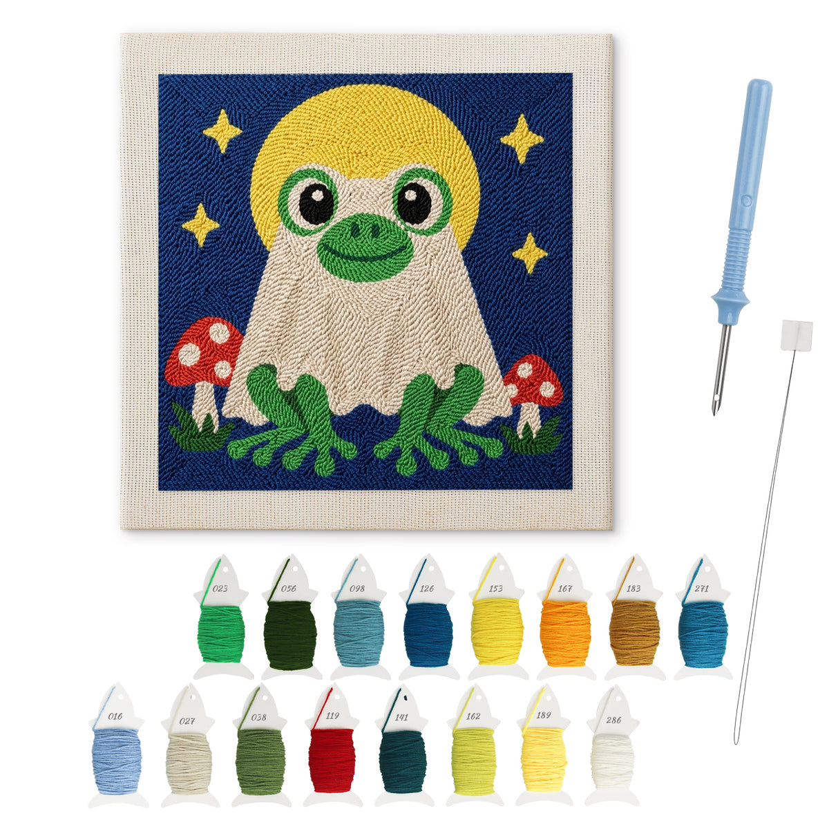 Frog Ghost at Full Moon punch needle kit: finished canvas with threads, punch needle and threader