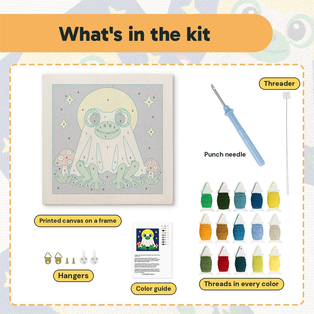 What is in the Frog Ghost at Full Moon kit: printed canvas, punch needle, threader, threads, color guide and hangers
