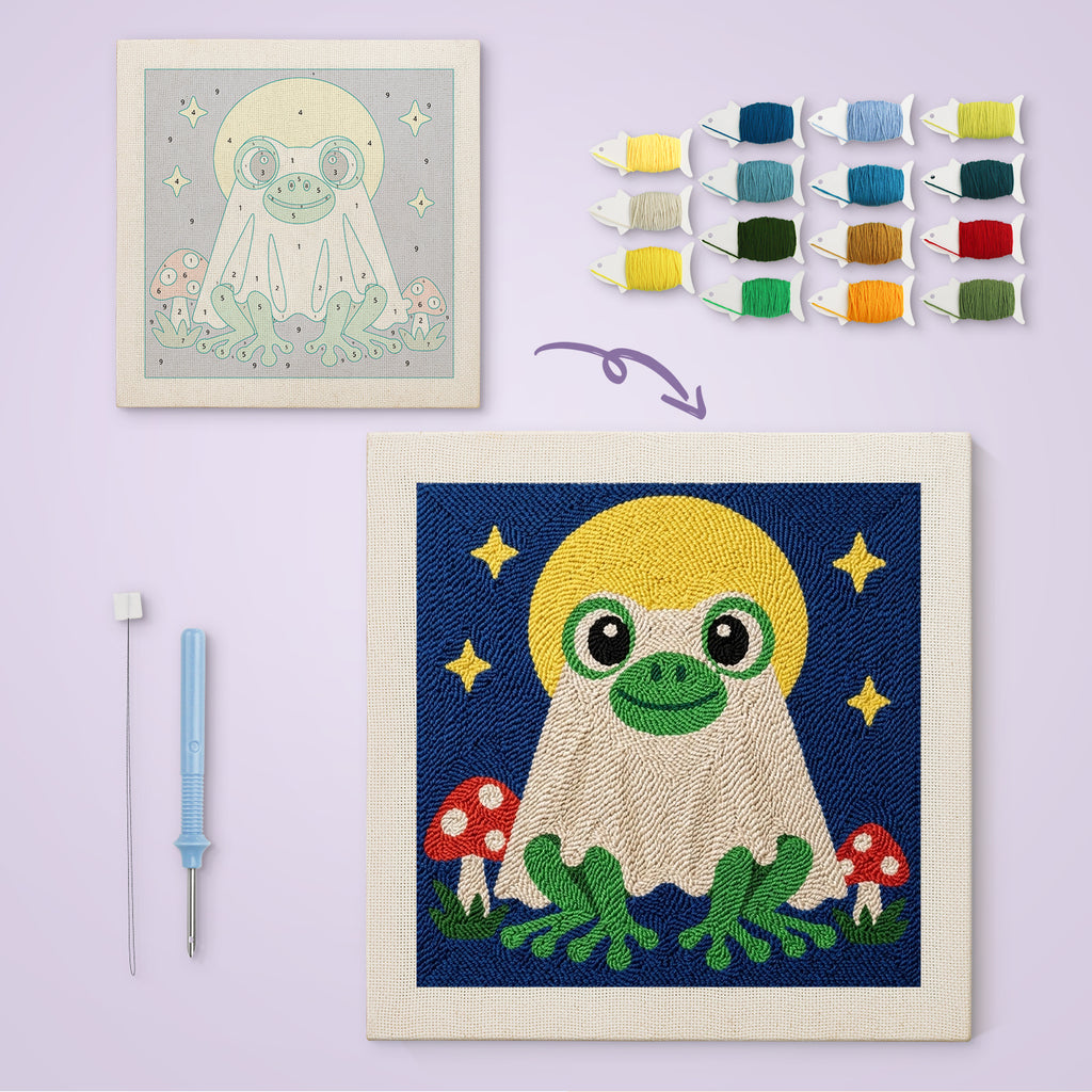 Frog Ghost at Full Moon canvas before and after punching, with the threads and tools