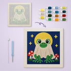 Frog Ghost at Full Moon canvas before and after punching, with the threads and tools