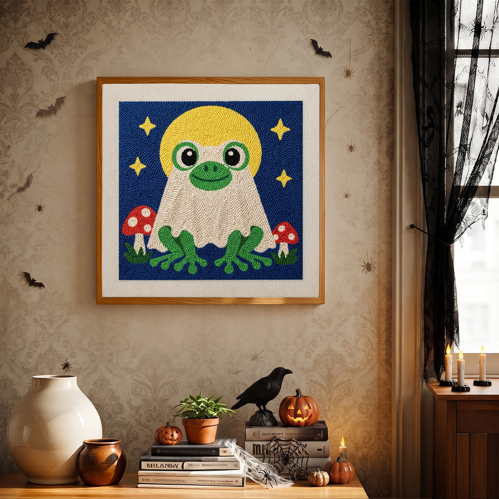 Finished Frog Ghost at Full Moon punch needle canvas on a wall
