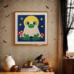 Finished Frog Ghost at Full Moon punch needle canvas on a wall