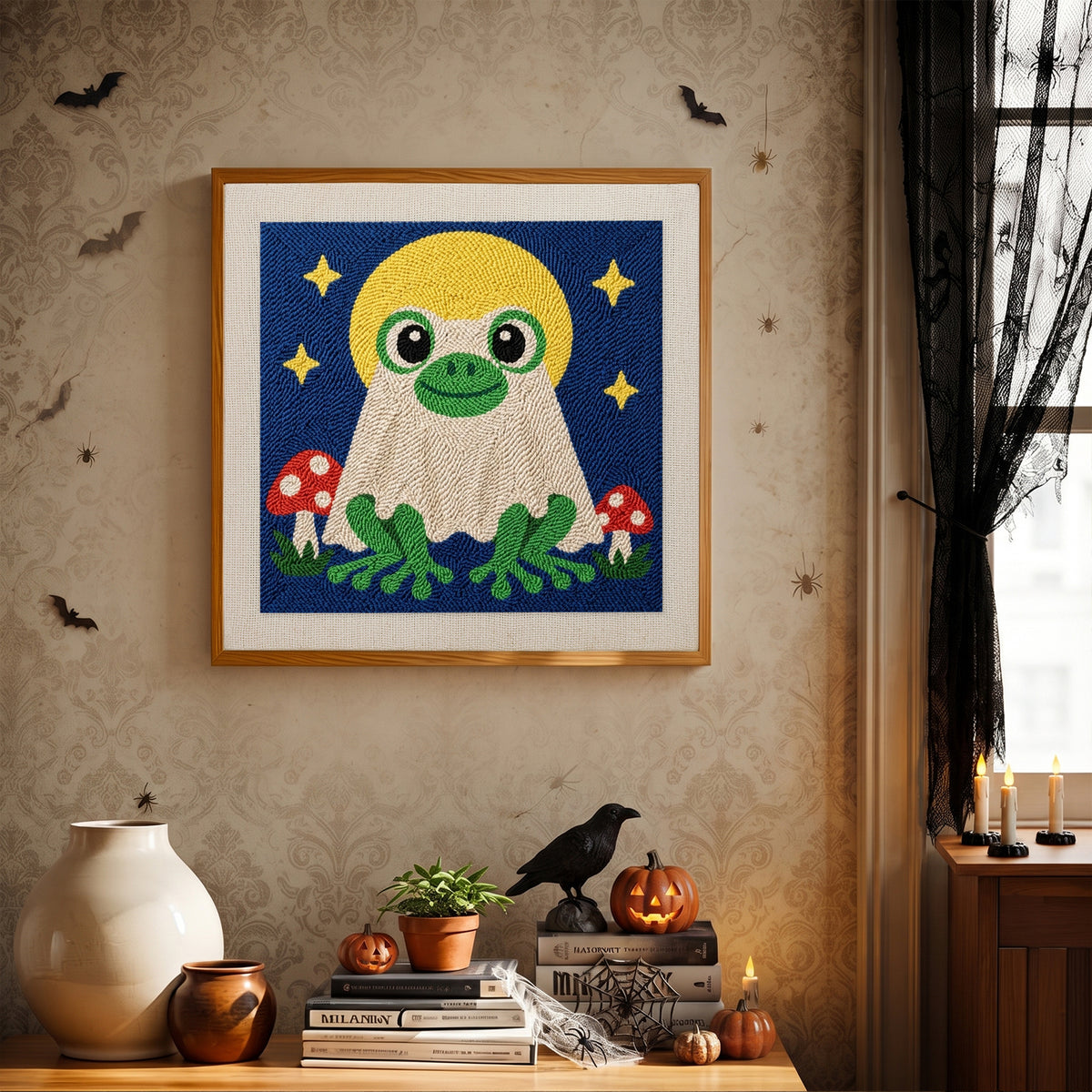 Finished Frog Ghost at Full Moon punch needle canvas on a wall