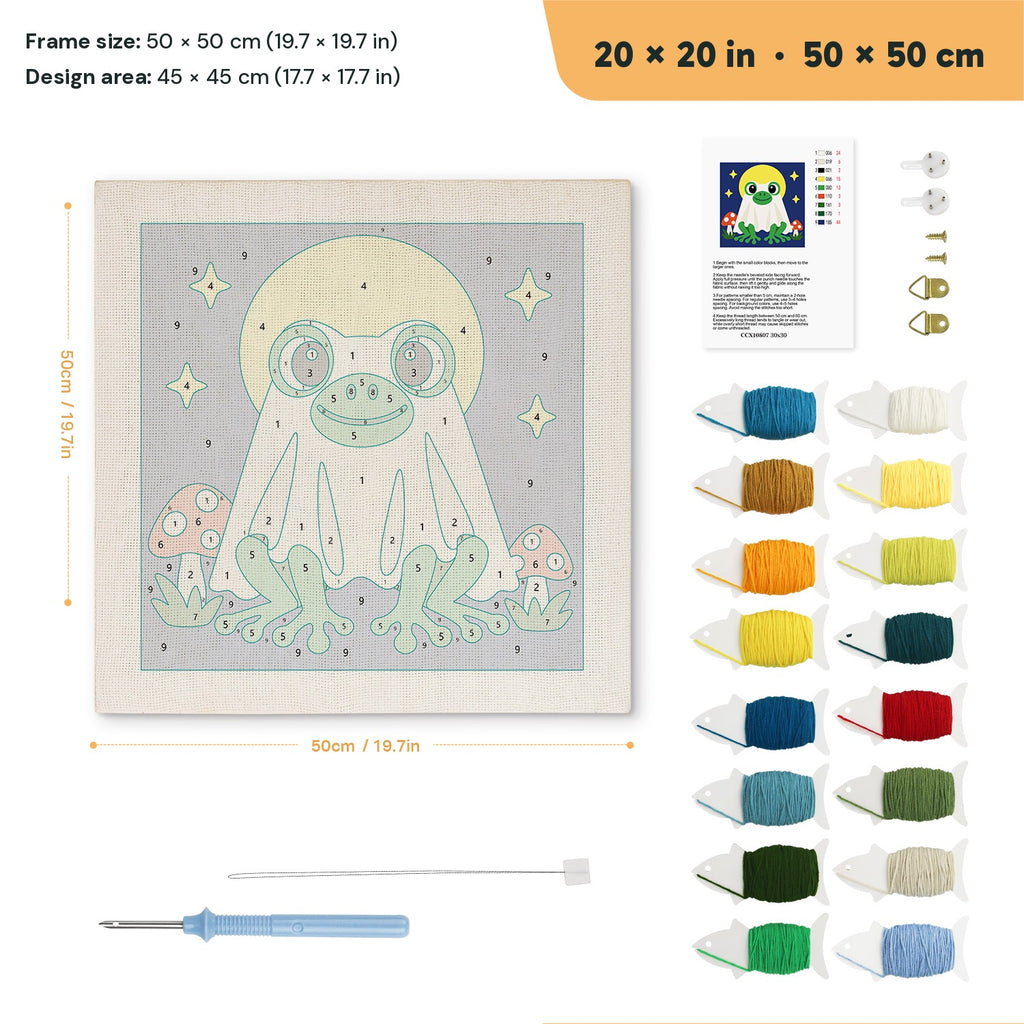 Frog Ghost at Full Moon punch needle kit, 20 × 20 in (50 × 50 cm): canvas size and kit contents