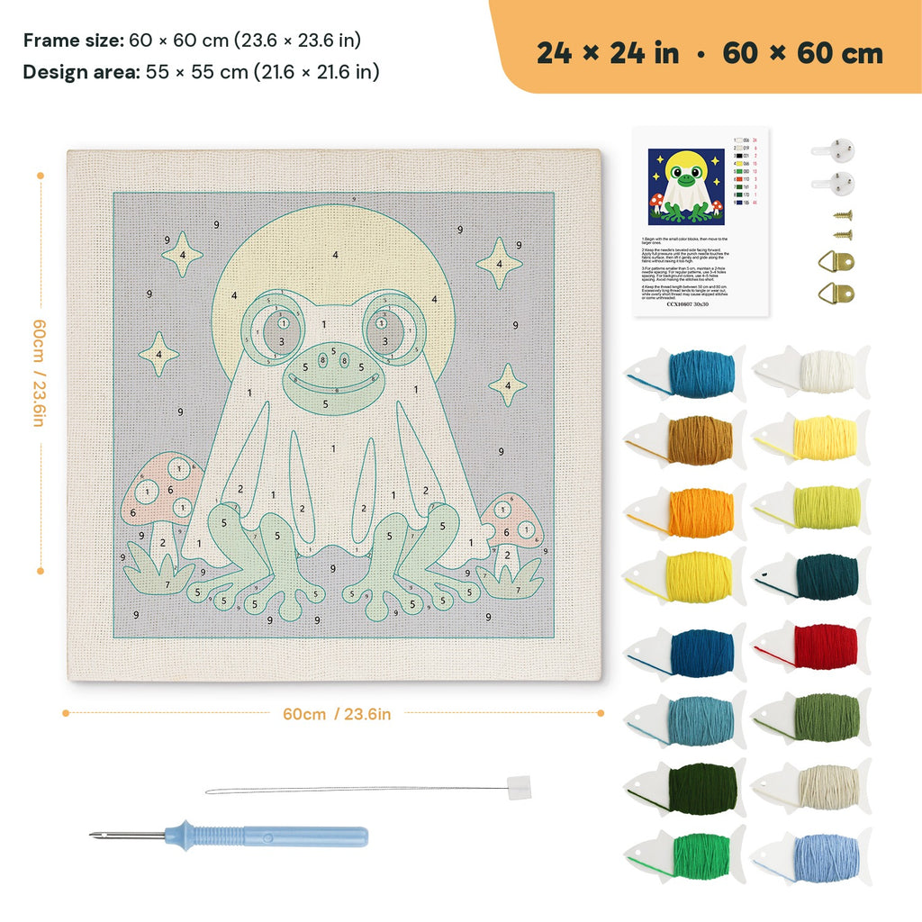 Frog Ghost at Full Moon punch needle kit, 24 × 24 in (60 × 60 cm): canvas size and kit contents