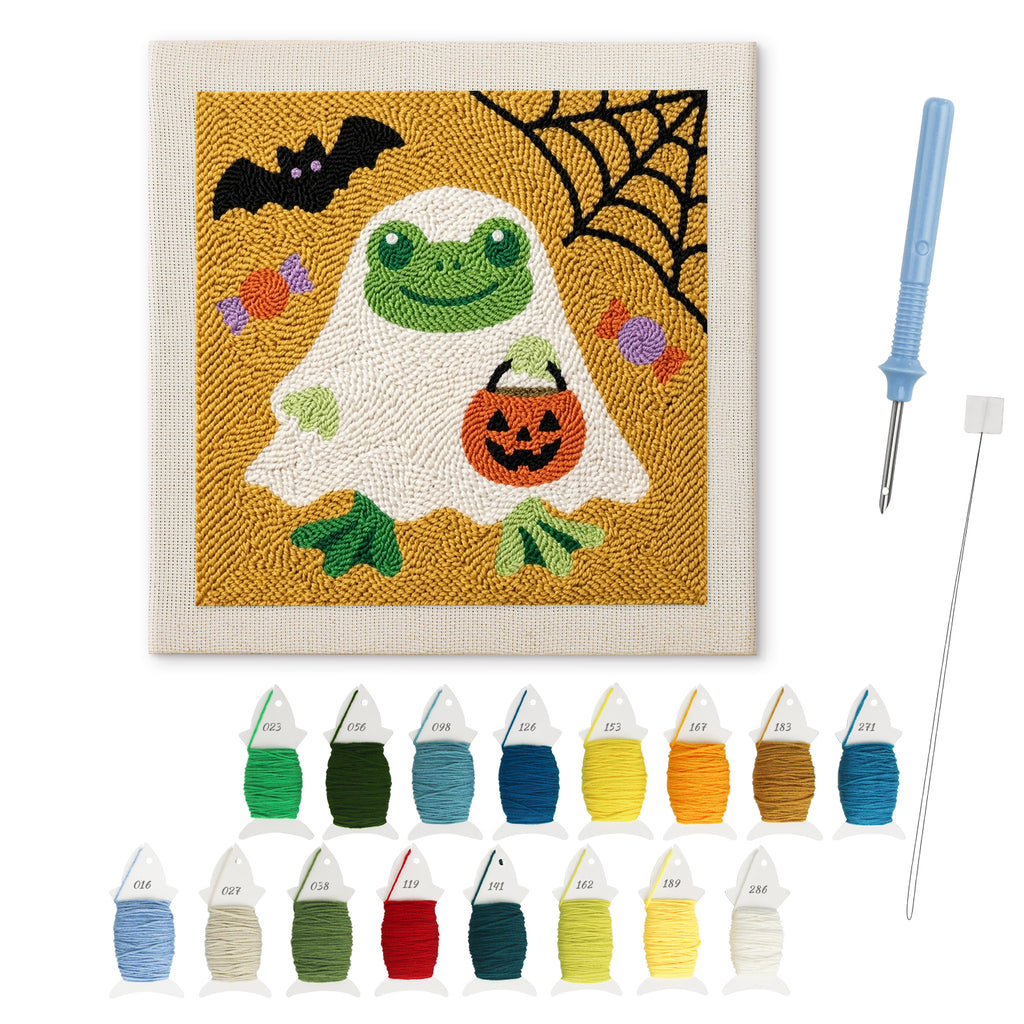 Frog in a Ghost Sheet punch needle kit: finished canvas with threads, punch needle and threader
