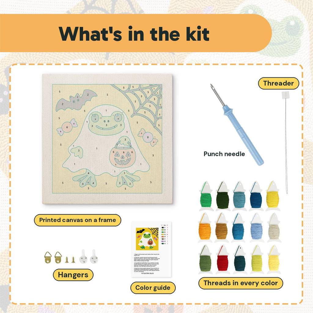 What is in the Frog in a Ghost Sheet kit: printed canvas, punch needle, threader, threads, color guide and hangers