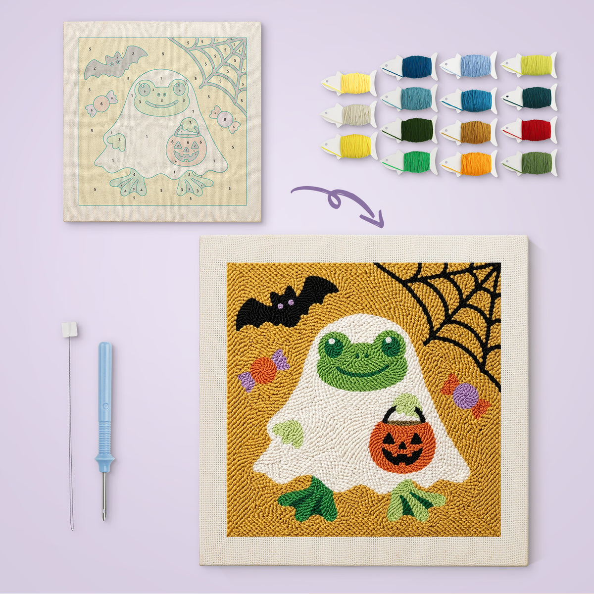 Frog in a Ghost Sheet canvas before and after punching, with the threads and tools