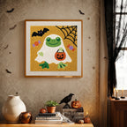 Finished Frog in a Ghost Sheet punch needle canvas on a wall